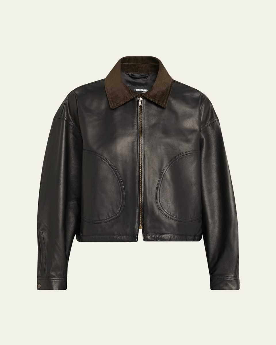 Corduroy-Collar Leather Parachute Jacket